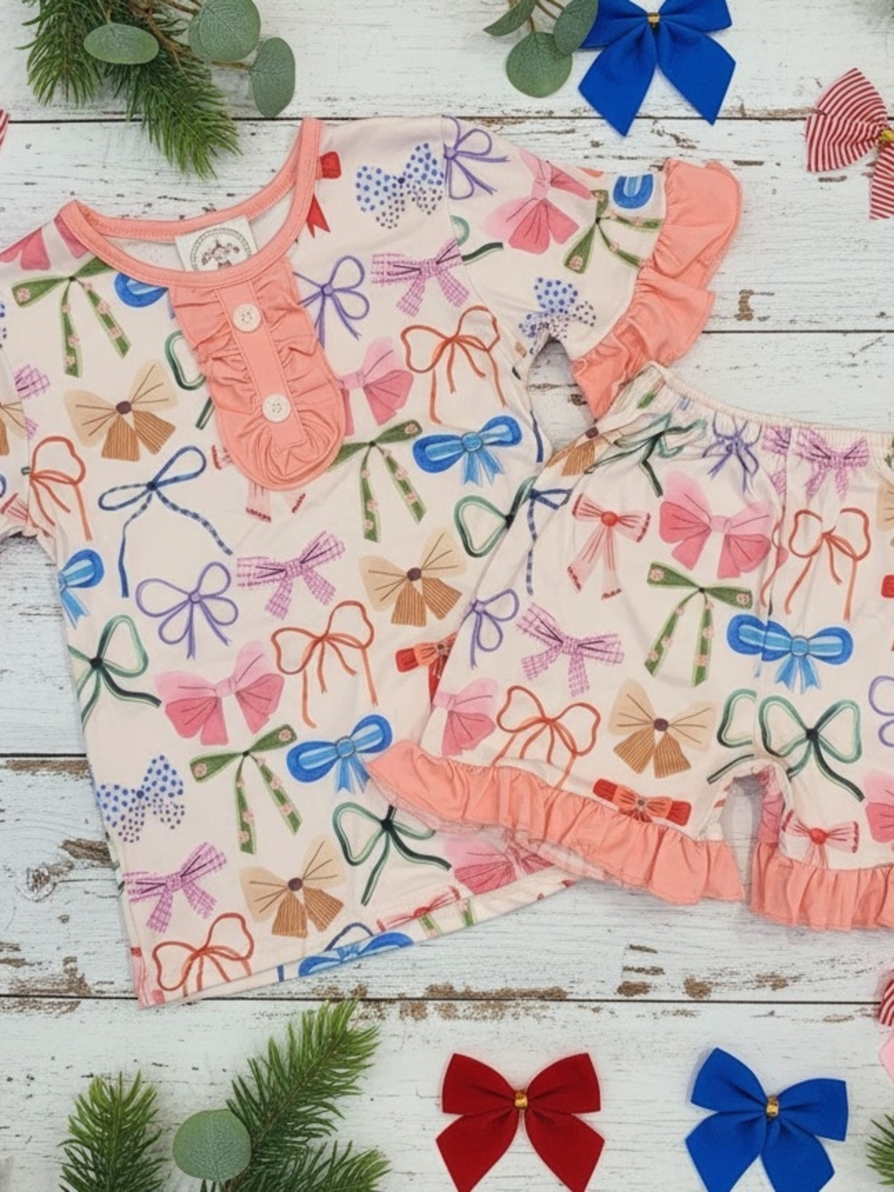Girls Bow-Print Ruffle Short Pajama Set - Pink